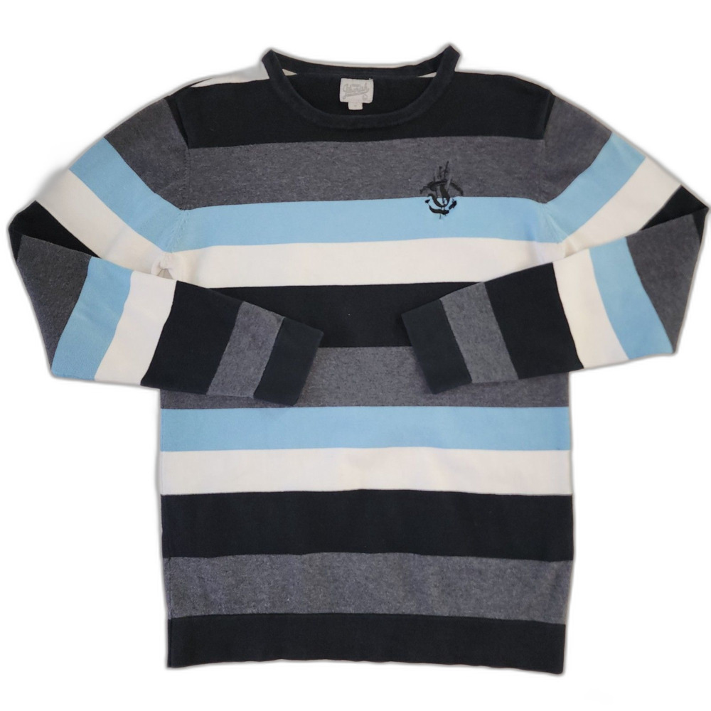 Jiberish Grey, Blue, Black & White Striped Knit Sweater Size M